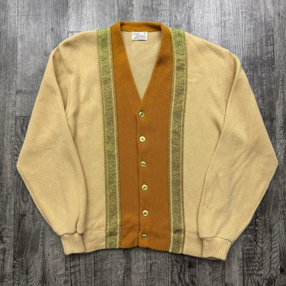 Vintage 60s Sears Striped Cardigan Sweater Rockabilly Grunge Cobain L*